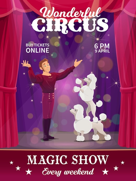 Shapito circus poster, cartoon hondentrainer op grote bovenpodium. Vectorvlieger met artiesten tammer en poedels die elk weekend een magische show in de arena uitvoeren. Dieren doggy artiesten op scène met trainer