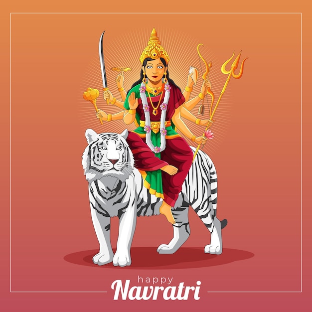 Sharad navratri vector wenskaart met Durga godin en witte tijger