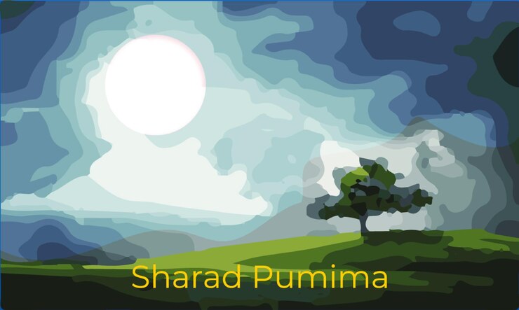 Vector sharad punima background with couple dancing dandiya with moon light and hindu temple landscape
