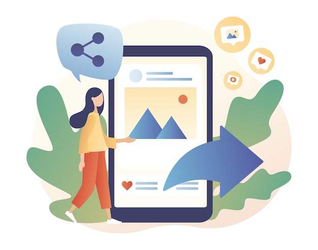 share concept tiny girl sharing data photos links posts and news in social networks modern flat cartoon style vector illustration on white background
