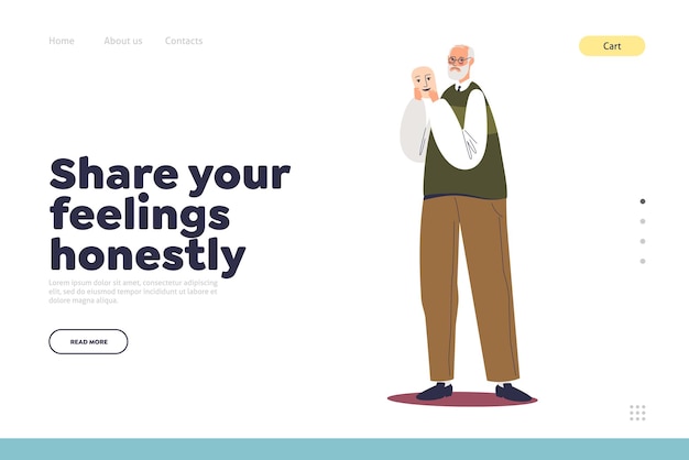 Share feelings honestly concept of landing page with senior unhappy man holding happy face mask