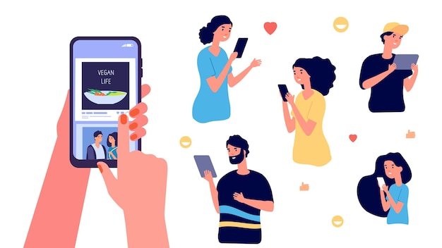 Поделиться информацией. концепция социальных сетей, люди со смартфонами любят фотографии. современная коммуникационная векторная иллюстрация. страница общего доступа к мобильному социальному телефону