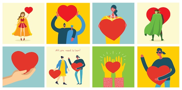 Share your love. hands and people with hearts as love massages. vector illustration for valentine's day in the modern flat style