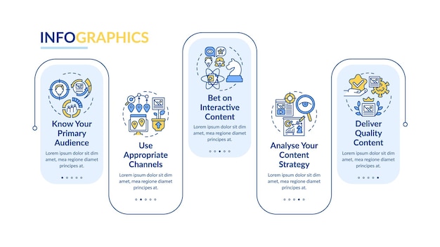 Vector shareable content techniques vector infographic template. analysis presentation outline design elements. data visualization with 5 steps. process timeline info chart. workflow layout with line icons