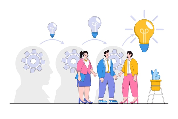 Sharing business ideas colleagues exchange information collaboration to thinking together concepts businesspeople discussing to transfer knowledge between head with gears until reaching lightbulb