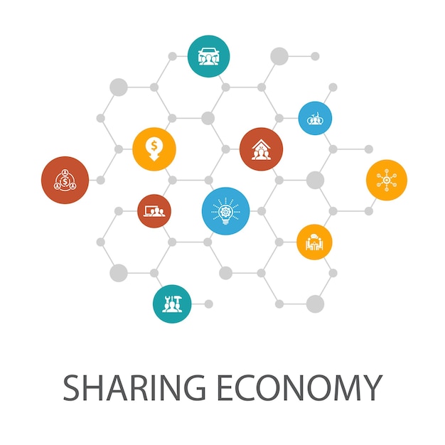Sharing economy presentation template, cover layout and infographics. coworking, car sharing, crowdfunding, innovation icons