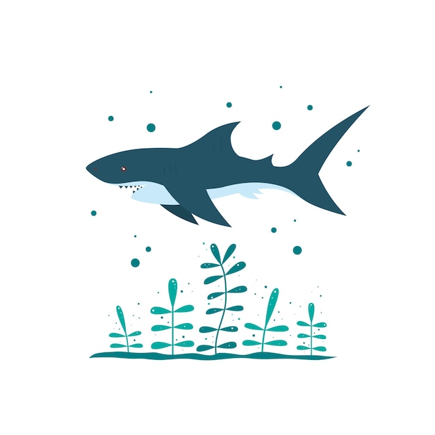 Shark and algae marine animal life under the water cartoon vector illustration