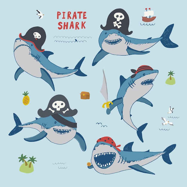 Shark animal sea pirate party vector hand drawn funny illustrations set