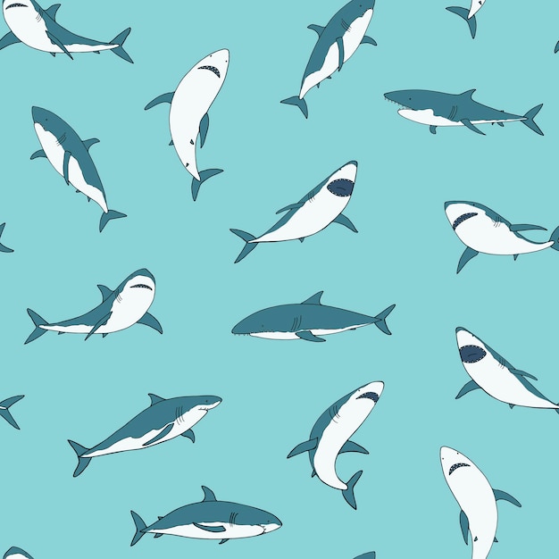 Shark animal sea vector hand drawn funny seamless pattern