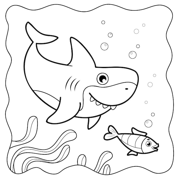 Shark black and white Coloring book or Coloring page for kids Marine background