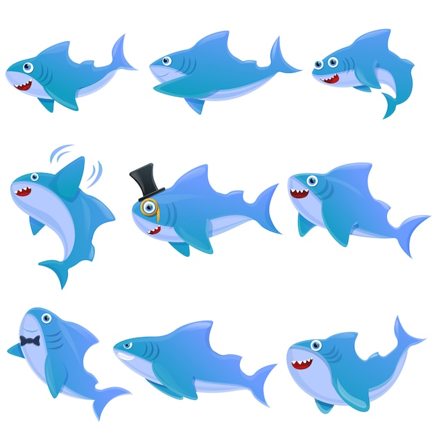 Shark cartoon icons set