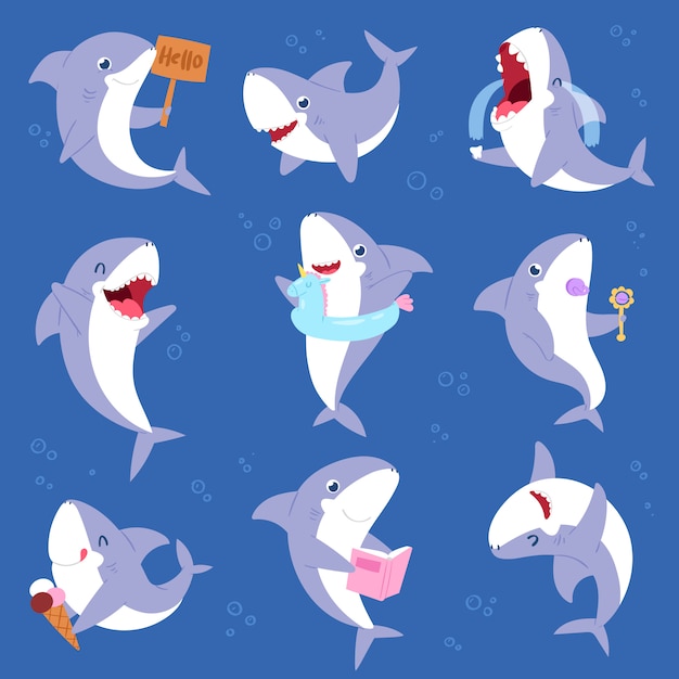 Shark  cartoon seafish smiling with sharp teeth illustration set of fishery character illustration kids set of playing or crying baby fish  on marine background