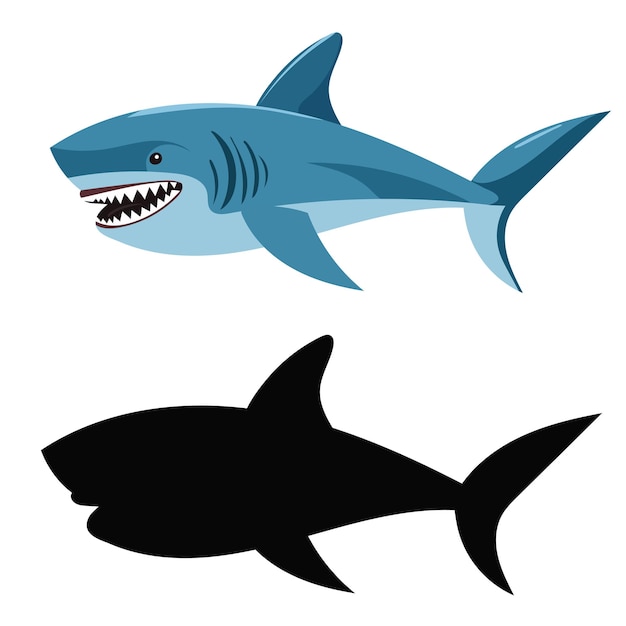 Вектор Персонаж акулы на белом фоне с силуэтом