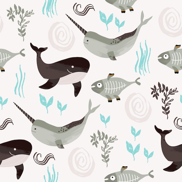 Vector shark and fish seamless pattern