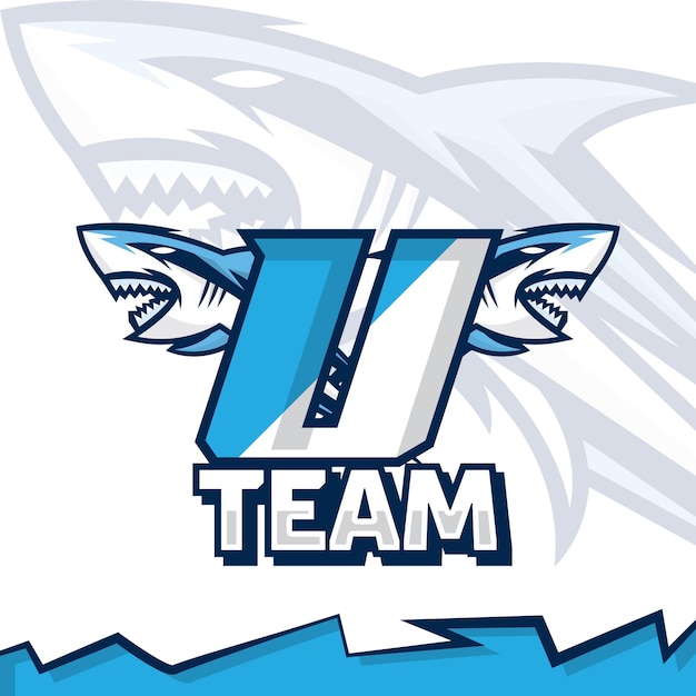 Vector shark head mascot on letter u illustration template esport logo design gamer logo streamer logo