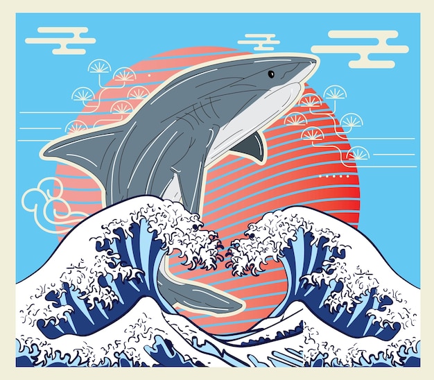 和風の背景を持つサメのイラスト