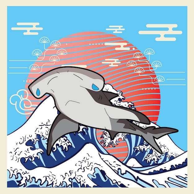 shark illustration with japanese style background