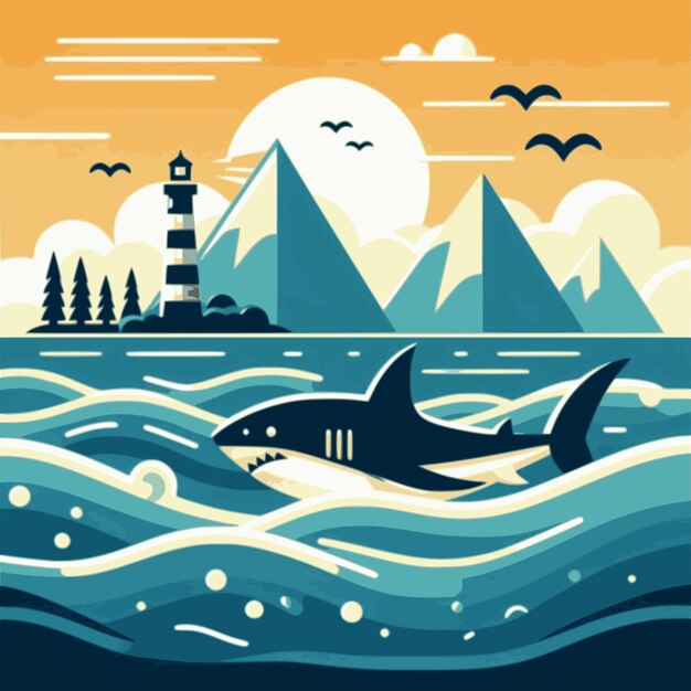 Vector shark jumping vector flat illustration