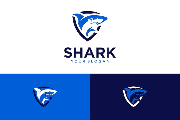 shark logo design with shield and predator