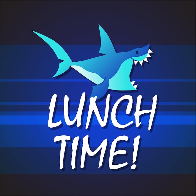 Shark - modern vector phrase flat illustration. Cartoon animal character. Gift image of shark swimming saying lunch time in the deep sea.