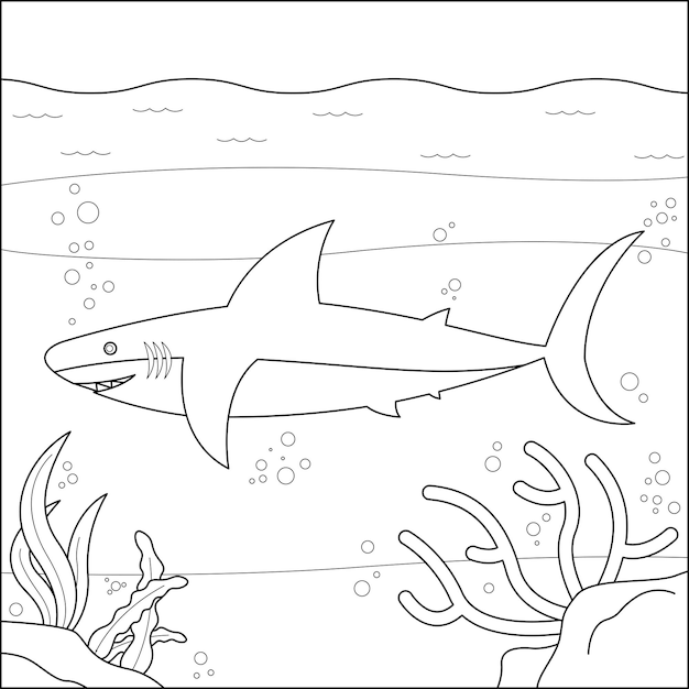 Акула на морском дне подходит для детской раскраски векторной иллюстрации