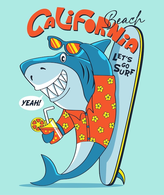 Shark surfer cartoon mascot illustration vector print for Boys Kidswear