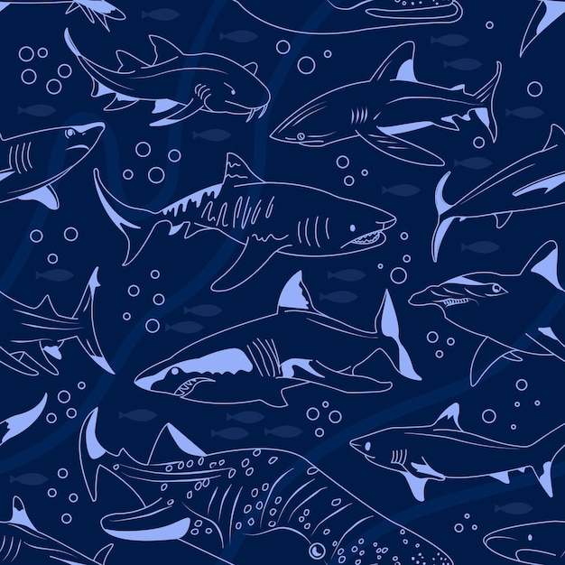 Вектор акулы бесшовный узор Квадратная композиция бесконечный образец морского хищника