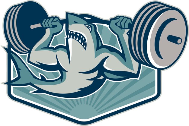 Vector shark weightlifter lifting weights mascot