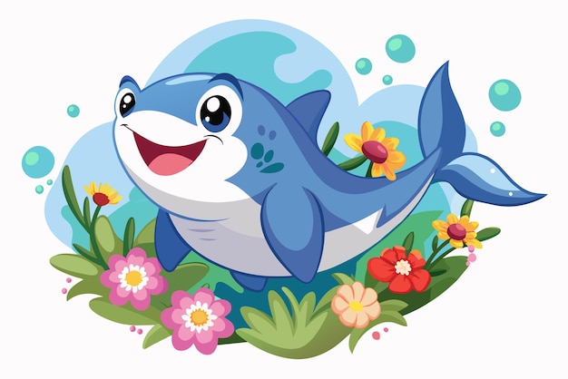 Vector sharkanimalcartooncharmingwithflowersonaw 7