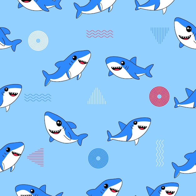 sharks lovely cute mascot characters seamless pattern premium vector