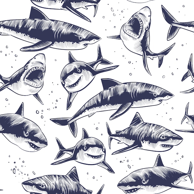 サメのシームレスなパターン。手描きの水中海魚航海日本の背景