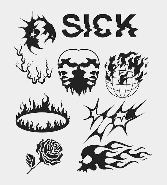 sharp spiky brutalism element shape asset acid poster tattoo fire illustration vector sick icon