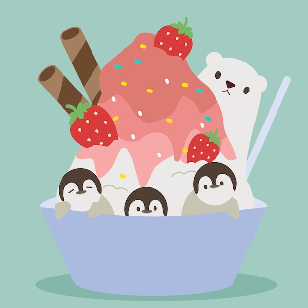 Shaved ice with polar bear and penguin summer theme