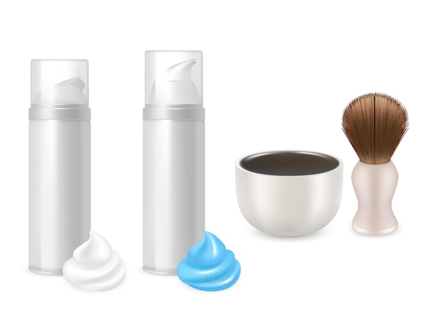 Vector shaving gel and foam bottles, shaving brush and mug mockups.