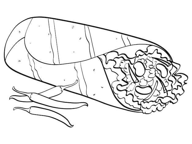 Shawarma와 칠리 고추 흰색 배경 음식 벡터 어린이 검은 선을 색칠