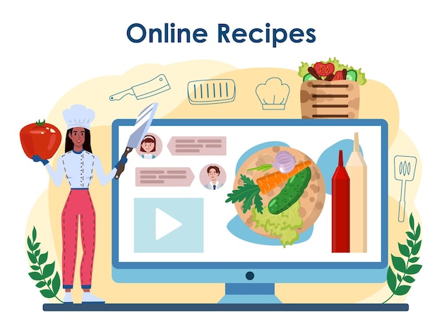 Онлайн-сервис или платформа для приготовления шаурмы. шеф-повар готовит вкусный рулет уличной еды с мясом, салатом и помидорами. кафе быстрого питания с кебабом. онлайн рецепт. плоская векторная иллюстрация
