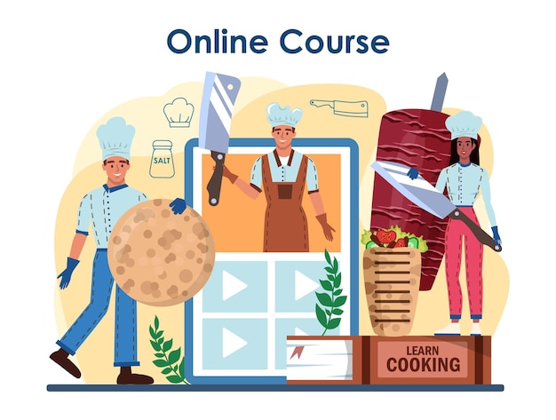 Вектор Онлайн-сервис по приготовлению шаурмы или шеф-повар платформы, готовящий вкусную уличную еду