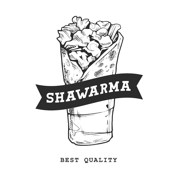 Vettore emblema retrò shawarma. modello di logo. bianco e nero. schizzo di shawarma. illustrazione vettoriale eps10.