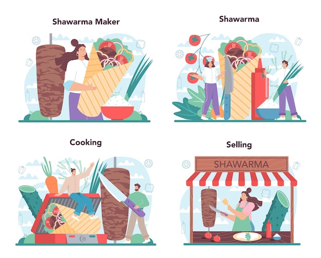 Vector shawarma street food concept set. chef cooking delicious roll with meat, salad and tomato. kebab fast food cafe. vector illustration in cartoon style