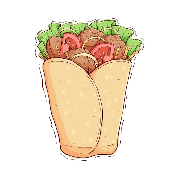 Вектор Сэндвич с шавермой, вкусный кебаб, обернутый дурумом в стиле ручного рисования