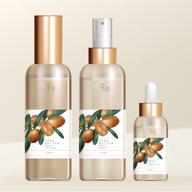 Vector shea butter body lotion, spray & essential oil with screw cap, spray & pipette bottle packaging. minimal shea butter nuts illustration print.