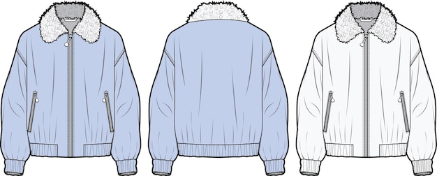 SHEARLING COLLAR BOMBER voor- en achterkant platte schets technische tekening vector illustratie sjabloon