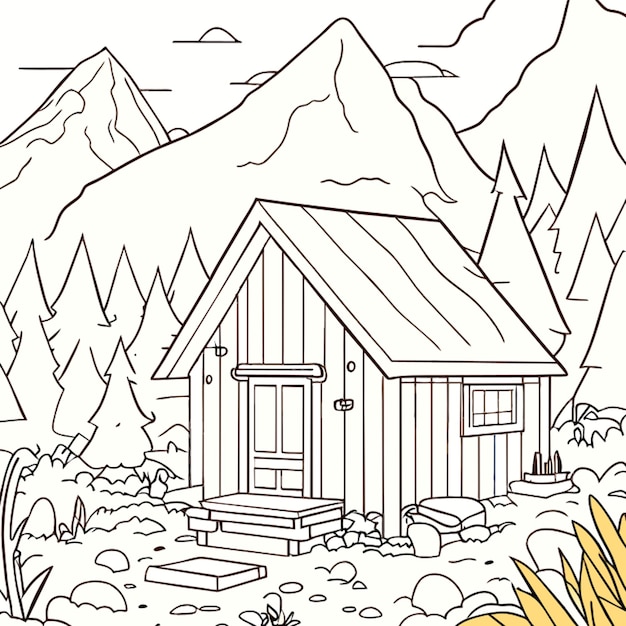 a shed in the mountain autumn season coloring book vector illustration line art