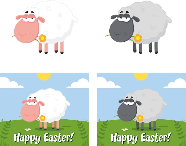 Vector sheep cartoon characters with a flower flat design vector collection isolated on white background