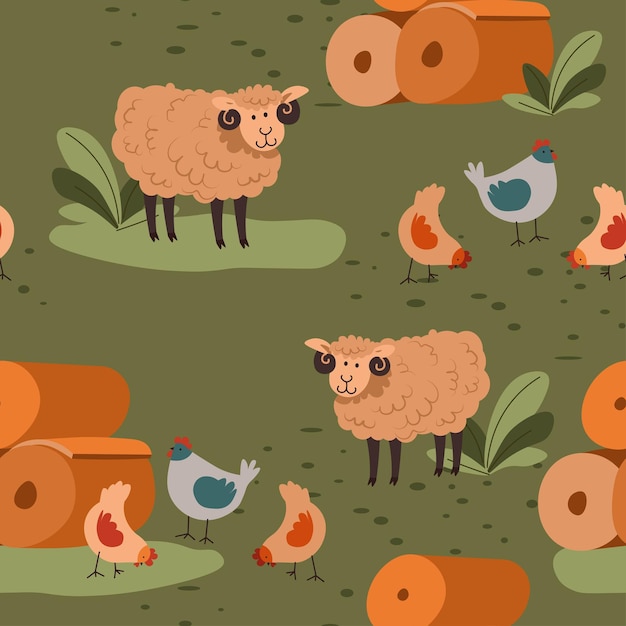 Овцы и куры на поле с бесшовными узорами