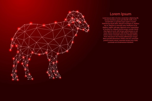 Овца парнокопытное млекопитающее из футуристических многоугольных красных линий и светящихся звезд для поздравительной открытки плаката баннера векторная иллюстрация