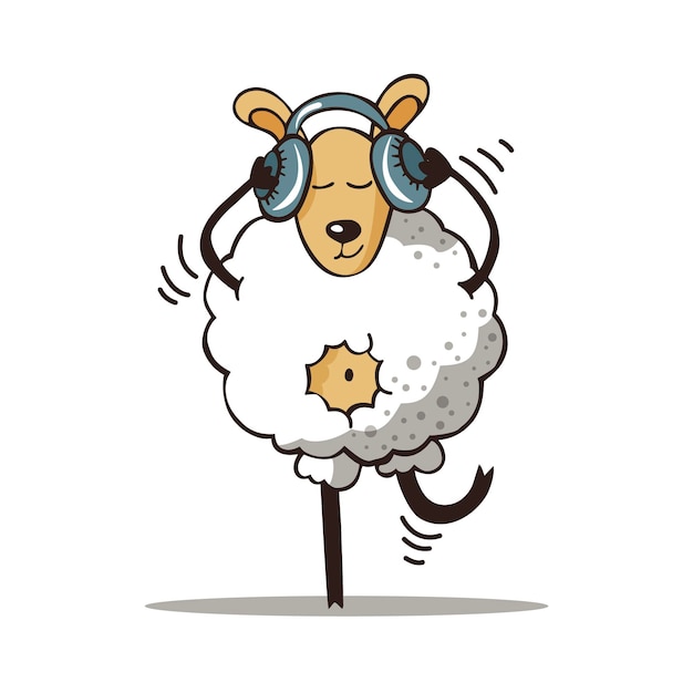 Sheep dancing,  cartoon animal character with headphones. Vector cute Illustration.