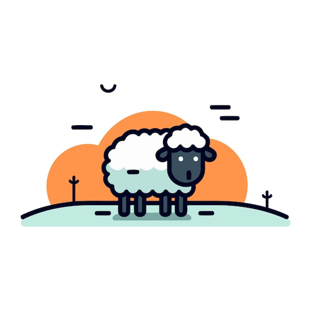 Vector sheep in the field vector illustration in flat linear style