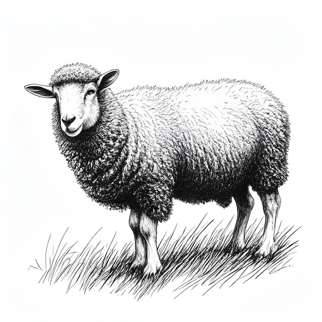 Vector sheep ink sketch drawing black and white engraving style vector illustration