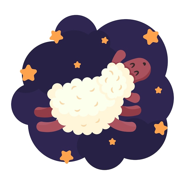 Sheep in jumping pose on night background with stars. Count sheeps jumping over the fence before bed